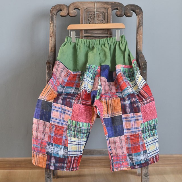 ຕົ້ນສະບັບ retro irregular plaid print loose tight waist ສ່ວນບຸກຄົນ ramie wide leg pants ຝ້າຍເກົ້າຈຸດແລະ linen ຫຼຸດລົງ crotch pants ສໍາລັບແມ່ຍິງ