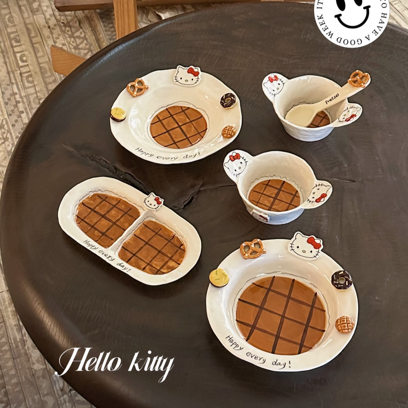 High-Quality Underglaze Color Handmade Ceramic Tableware, Cute Rice Bowl with Divided Plate