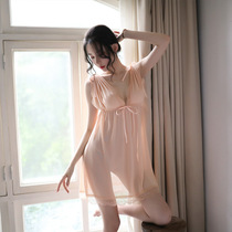 Summer sleeveless big code Temptation Lace Spice Suit Pajamas sexy Perspectives v Pyjamas Dress Netting Veil back Clothing