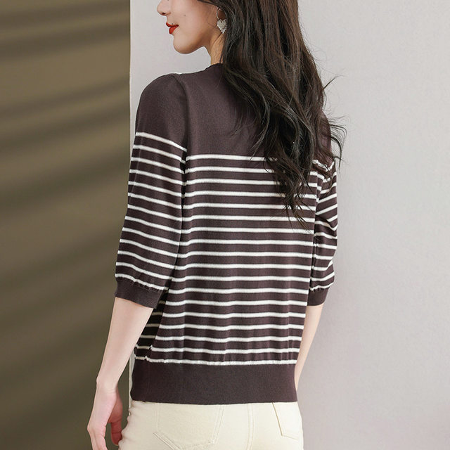 Baby doll collar top three-quarter sleeve sweater women's t-shirt women's 2024 new style striped bottoming shirt spring and summer