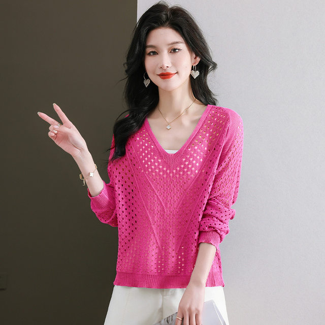 blouse sweater knitted ເປັນຮູສໍາລັບແມ່ຍິງພາກຮຽນ spring ແລະ summer 2024 ຮູບແບບໃຫມ່ lazy style bottoming sunscreen ຜ້າໄຫມກ້ອນເທິງສໍາລັບແມ່ຍິງ summer