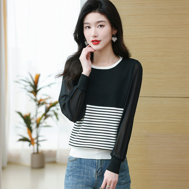 Chiffon splicing knitted top for women 2024 new spring and autumn ice silk T-shirt long-sleeved T-shirt beautiful shirt small bottoming shirt