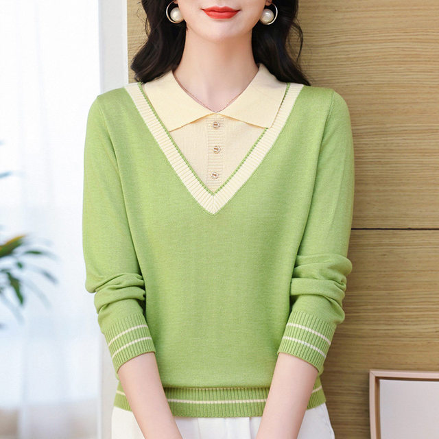 Lapel sweater ຂອງແມ່ຍິງປອມສອງຊິ້ນສ່ວນເທິງພາກຮຽນ spring 2024 ໃຫມ່ຕົ້ນດູໃບໄມ້ລົ່ນ sweater ພາກຮຽນ spring ແລະດູໃບໄມ້ລົ່ນແບບແມ່ຂອງເສື້ອ bottoming