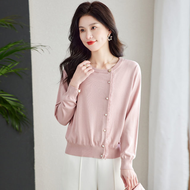 Early Spring Thin Round Neck Knitted Cardigan Sweater Jacket Women's Spring and Autumn Clothing 2024 New Style Tops for Small People