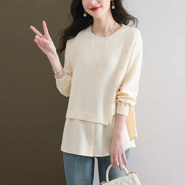 ເສື້ອຢືດ knitted two-piece fake spliced ​​shirt top for women design 2024 new spring and autumn mother fashion shirt