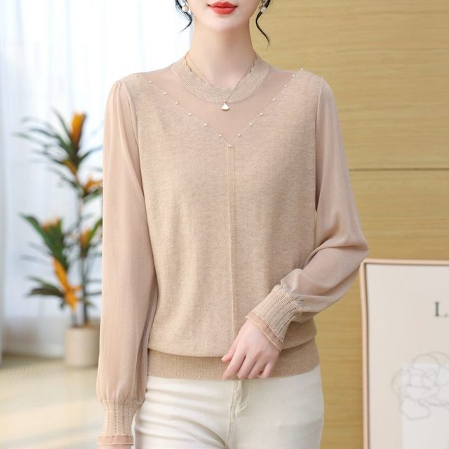 ສີແຂງ ຄໍຮອບຮູຂຸມຂົນ spling puff sleeve sweater sweater ພາກຮຽນ spring ແລະ summer ຄົນອັບເດດ: ຮູບແບບ inner layering ເສື້ອບາງ