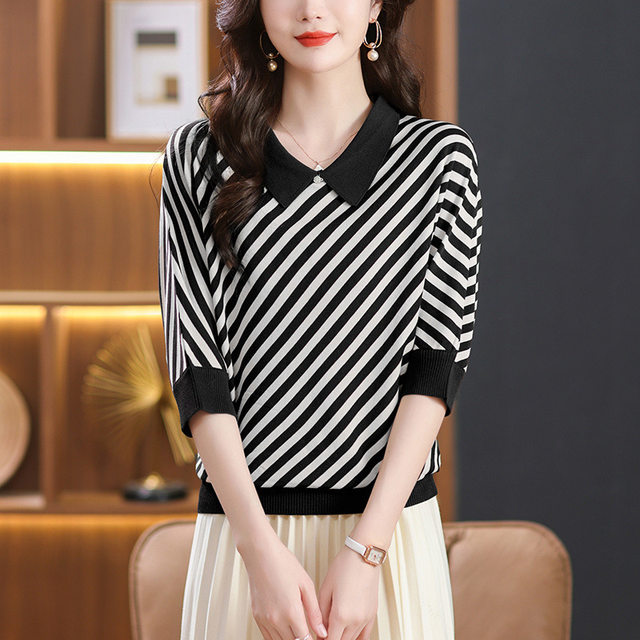 Baby doll collar top three-quarter sleeve sweater thin T-shirt women's 2024 new style striped bottoming shirt spring and summer