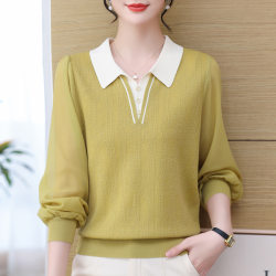 Knitted Sweater Women's Thin Spring Clothing 2024 New Style Lapel Chiffon Sleeve Sweater with Bottoming Shirt Pullover Top