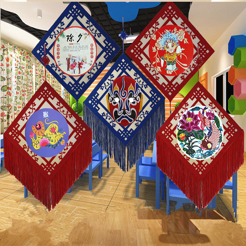 Kindergarten Chinese style ethnic ornaments corridor ring creation decoration materials classroom layout creative blue and white wooden ornaments