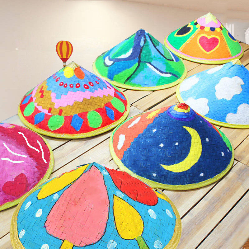 Kindergarten creative charm hanging children DIY painting White billet bamboo woven hat hat handmade art painting material