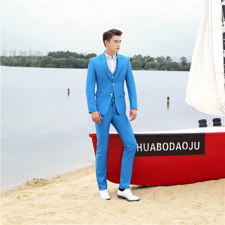 Hot studio ba mảnh màu rắn phù hợp với nam phù hợp với sân khấu Hàn Quốc Slim Edition tổ chức hình ảnh trang phục nam quần sooc nam