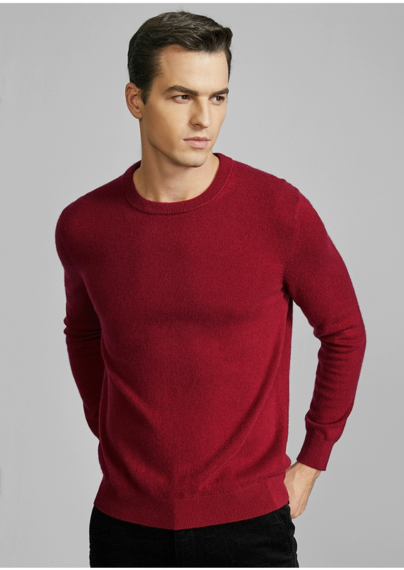 Áo len cashmere nam màu đỏ đậu mùa đông mới nhẹ sang trọng kinh doanh cashmere màu tinh khiết áo len mỏng nam 6530 - Áo len
