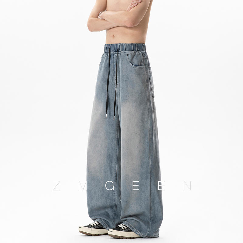 Zmgeen American Retro Jeans for Men, Summer Thin Loose Straight Pants, Elastic Waist Casual Wide-Leg Long Pants