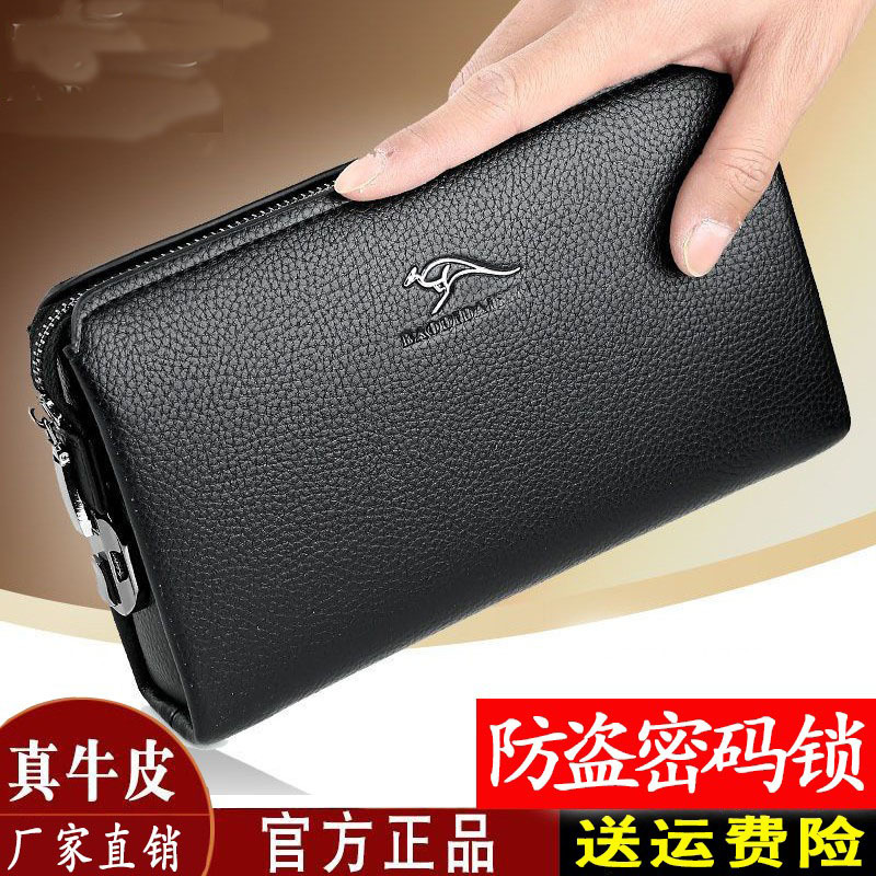 Brand Men's Genuine Leather Clutch Bag with Combination Lock, Large Capacity Long Wallet with Zipper for Men