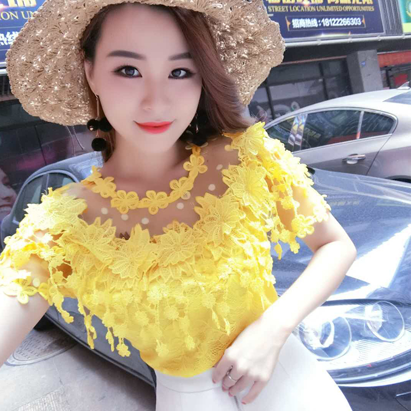 Lace Blouse for Women, New Summer Short-Sleeve Floral Tassel Hollow-Out Off-Shoulder Sexy Top, Stylish Trendy Blouse