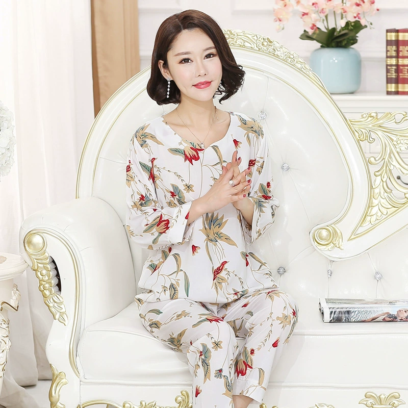 Bộ đồ ngủ phụ nữ mùa xuân và mùa thu mẹ trung niên cotton lụa dài tay lụa tơ tằm rayon cỡ lớn cotton lụa phục vụ nhà phù hợp với mùa hè - Cha mẹ và con