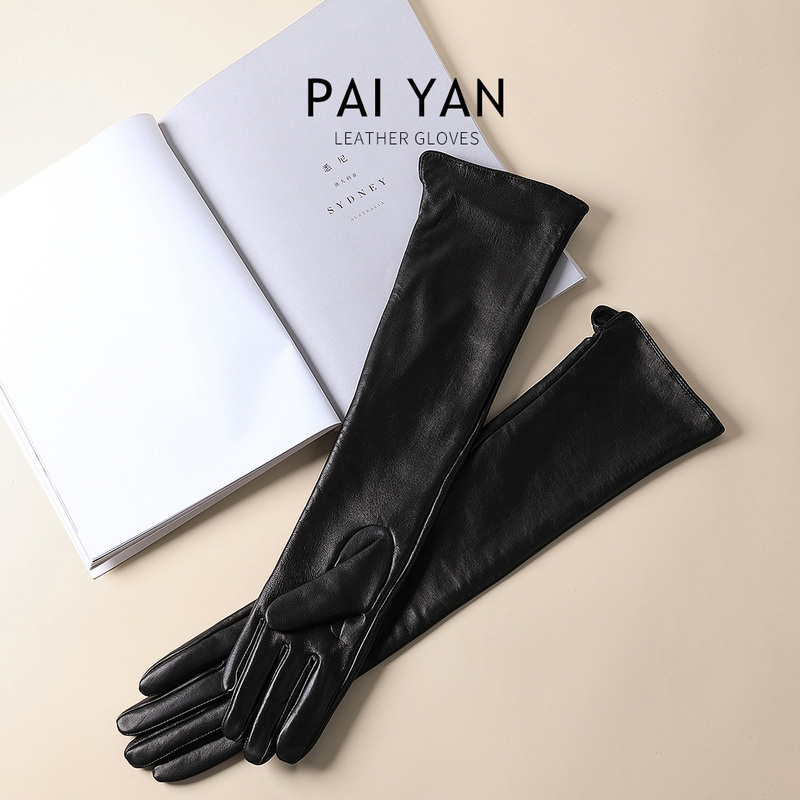 Extended Leather Gloves for Women, Autumn and Winter Warm Arm Warmers, Driving Touchscreen Thin Lambskin Sleeves, High-End