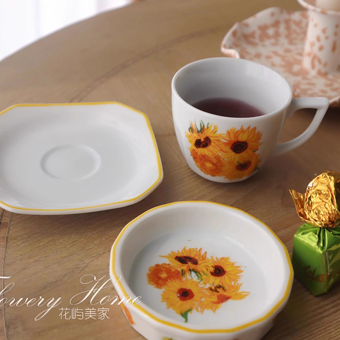 French-Style Van Gogh Sunflower Three-Piece Cup and Saucer Set, Small Coffee Cup, Afternoon Tea Snack Plate, Coffee Shop Ins Set
