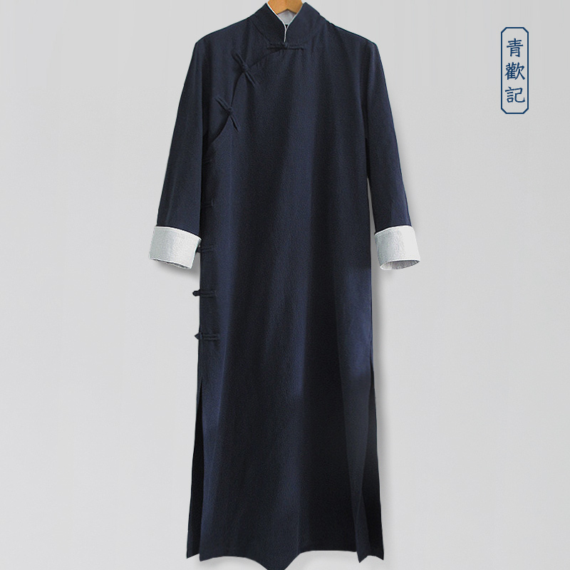 Original Republic of China Style Large Size Spring and Autumn Long Shirt for Men, Tang Suit, Linen Hanfu, Chinese-Style Robe with Button Placket, Cotton-Linen Overcoat