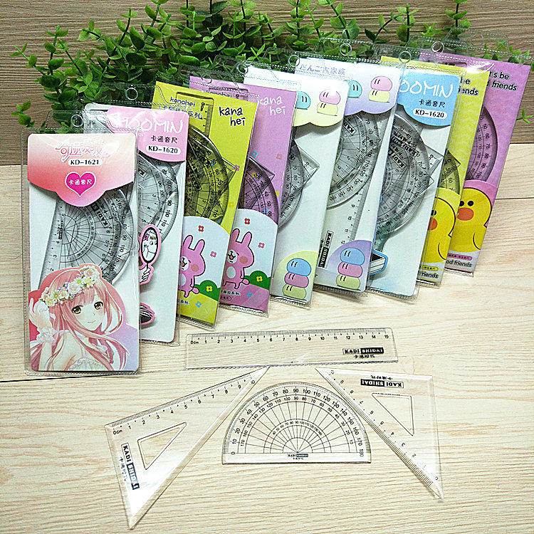 Student cartoon set ruler transparent four-piece set ruler Triangle protractor Children's gift stationery wholesale
