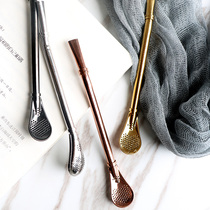Creative stainless steel filter straw spoon multifunctional beverage straw spoon dual-use coffee stirring spoon tea spoon