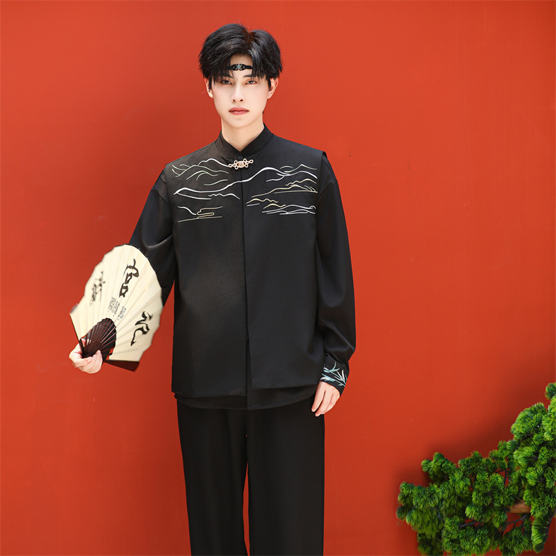 New Chinese Style Men's Early Autumn Shirt with Stand Collar and Embroidery, Vintage Top, Middle School Student Vest Set