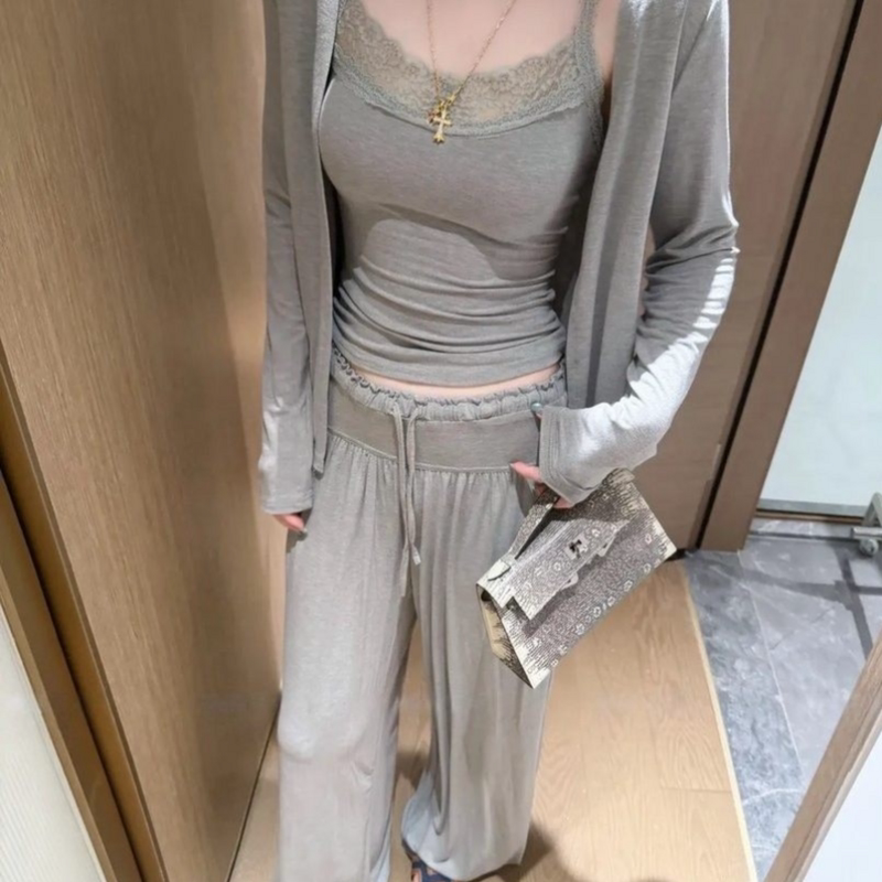 Modal Pajamas with Chest Pads for Women, Autumn and Spring 2026 New Style, Summer High-End Lace Camisole Three-Piece Set Loungewear
