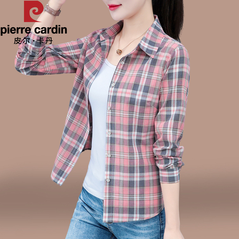 Pierre Cardin Pure Cotton Plaid Long-Sleeved Shirt for Women 2026 New Spring & Fall Fashionable and Age-Reducing Shirt Top Pierre Cardin Pure Cotton Plaid Long-Sleeved Shirt for Women 2026 New Spring & Fall Fashionable and Age-Reducing Shirt Top