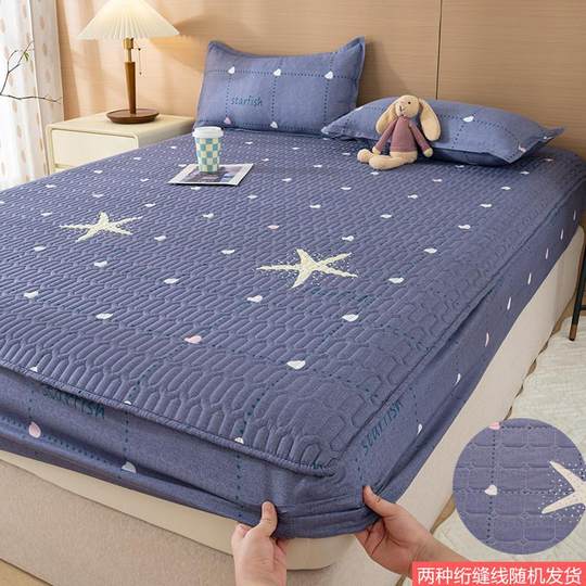 Single-piece quilted thickened fitted sheet with anti-slip fixation