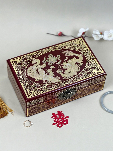 Pingyao Intangible Cultural Heritage Polished Lacquerware Jewelry Box with Copper Wire and Mother-Of-Pearl Inlay, High-End Exquisite Wooden Jewelry Storage Box for Gift-Giving