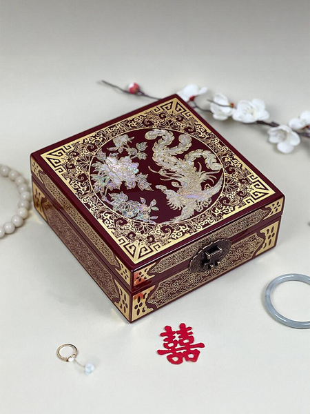 Pingyao Intangible Cultural Heritage Lacquerware Jewelry Box with Mother-Of-Pearl Inlay, Copper Wire Inlay, Abalone Shell, Chinese Style Exquisite Wooden Storage Box