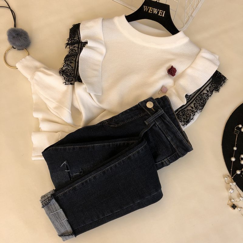 Han Fan Gang lỗ gió vá quần jean nhung mỏng quần thun nữ lông cừu là quần mỏng cuộn hoang dã quần jean cao cấp