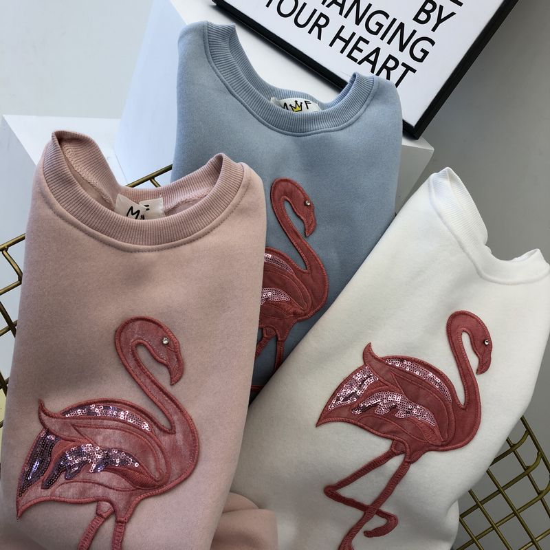 Thu đông 2018 Hàn Quốc thêu sequin thiên nga thời trang không gian áo len cotton nữ cổ tròn tay dài áo cánh mẫu áo dạ ngắn đẹp 2021