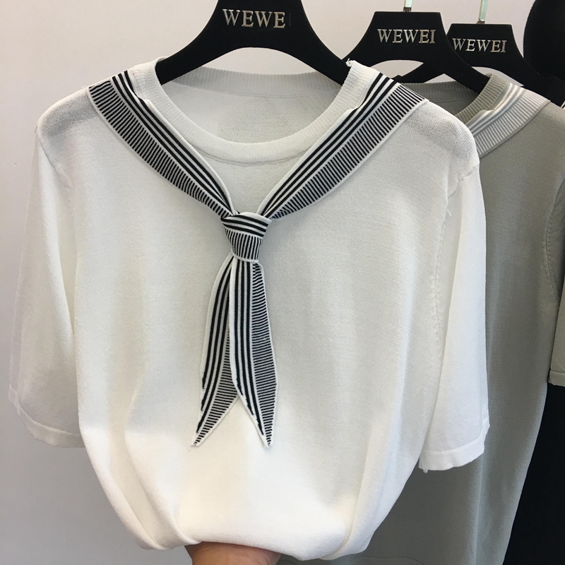 2018 mùa hè mới Han Fan phần mỏng lỏng quanh cổ là mỏng và làm mới ngắn tay tie t-shirt áo sơ mi nữ áo len áo len nữ