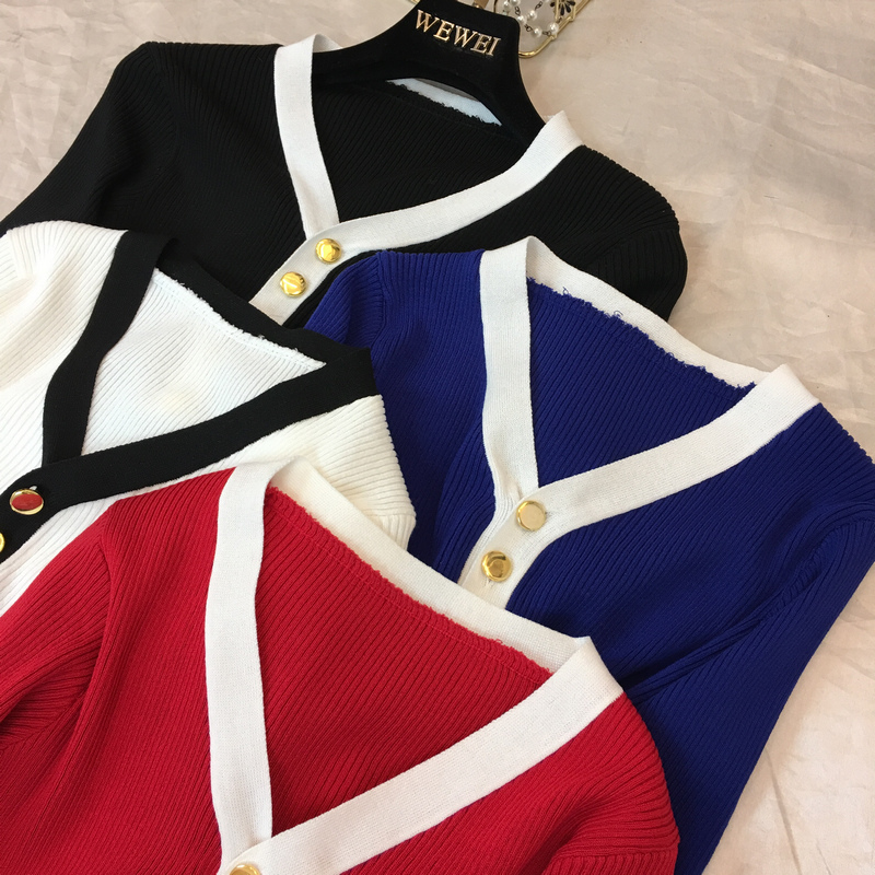 Ngắn tay áo triều mùa xuân 2018 mới của Hàn Quốc thời trang hoang dã T-Shirt Mỏng mỏng V-Cổ knit top áo khoác mỏng nữ