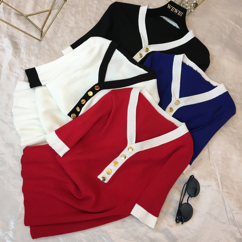 Ngắn tay áo triều mùa xuân 2018 mới của Hàn Quốc thời trang hoang dã T-Shirt Mỏng mỏng V-Cổ knit top áo khoác mỏng nữ