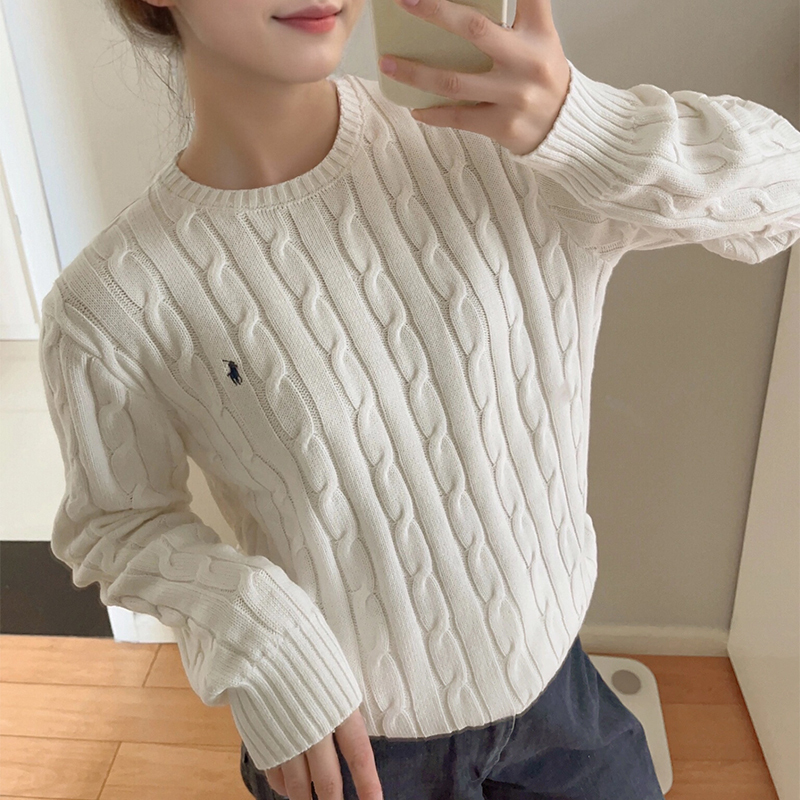 Ralph Lauren Paul Twist Knit Sweater for Women, Round Neck Embroidered Knitwear, Loose College Style White Top Ralph Lauren Paul Twist Knit Sweater for Women, Round Neck Embroidered Knitwear, Loose College Style White Top