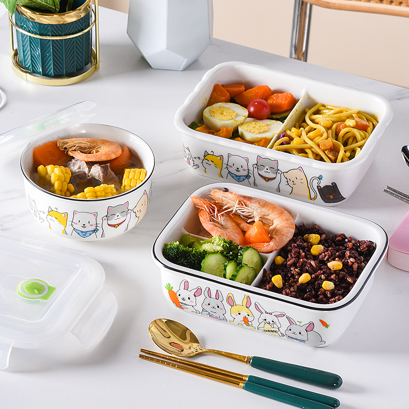 Can buckle ins wind lid can microwave heating ceramic compartment lunch box work girls with rice sealed fresh-keeping box