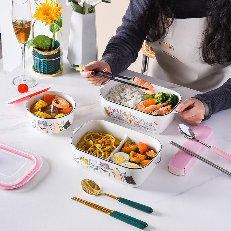 ins cartoon ceramic compartment lunch box microwave heating rectangular three grid two grid with lid sealed refrigerated fresh-keeping box