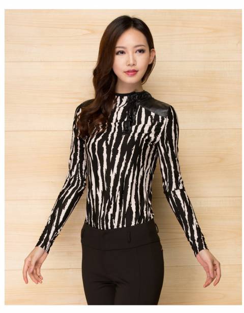 2015新款黑白色斑马纹打底衫女装 春秋拼接皮