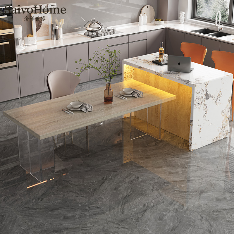 Light luxury slate island dining table integrated acrylic suspension dining table and chair combination multi-functional cooking bar customization