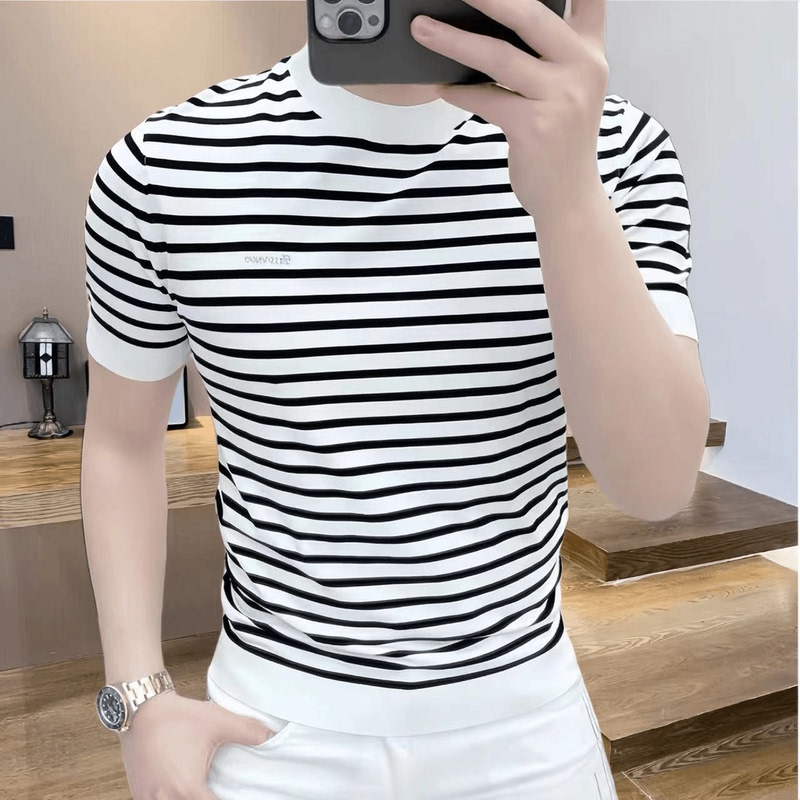 High-End Striped Short-Sleeve T-Shirt for Men, Ice Linen Knit, Round Neck, Trendy, Fashionable, Light Luxury, Half-Sleeve Tee, Quality Men's Clothing