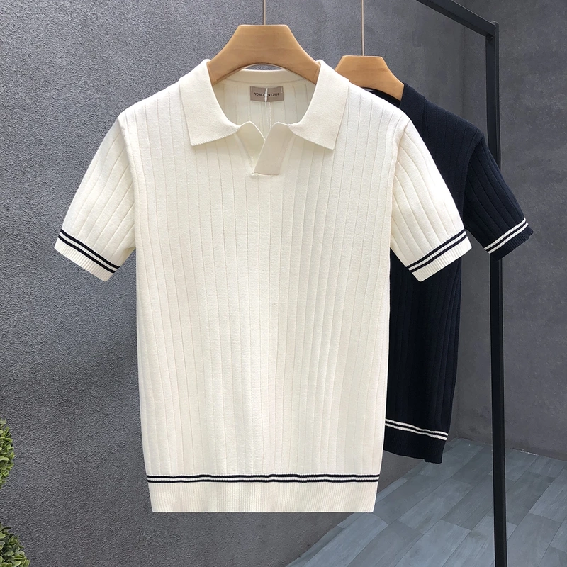 Light Business Style Apricot-Colored Spring and Autumn Knitted Short-Sleeve T-Shirt for Men, Thin Collared Half-Sleeve Sweater, Youth Top