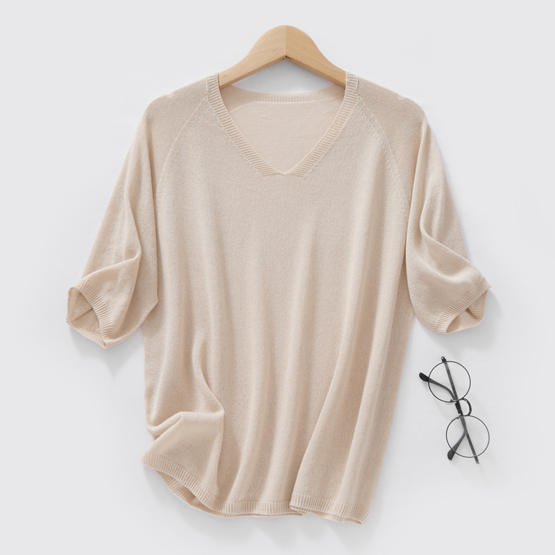 Summer V-Neck Japanese Paper Yarn Knit Short-Sleeve Women's Loose Artistic Style Linen Half-Sleeve Tank Top Fashionable High-End T-Shirt