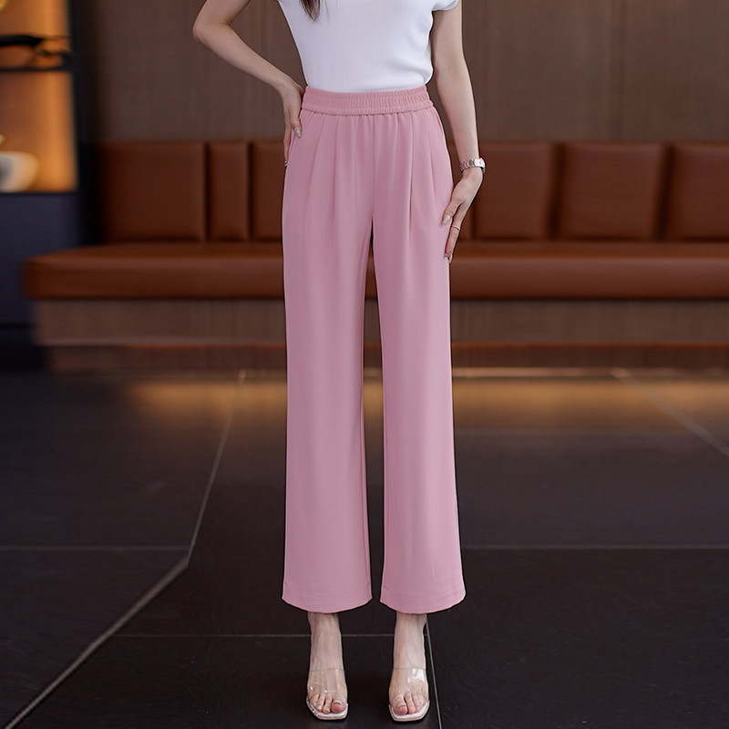 2025 New Pink Ice Silk Wide Leg Pants Women's Summer Thin Elastic Waist Slimming Advanced Drape Nine-Point Straight-Leg Pants