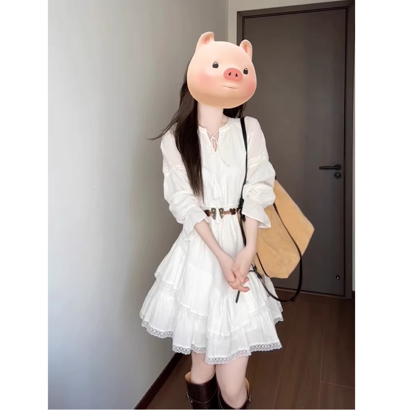 French-Style V-Neck Heavy Lace Patchwork White Long-Sleeve Dress with a High-End Feel, Petite Shirt Dress, Fairy-Like for Autumn