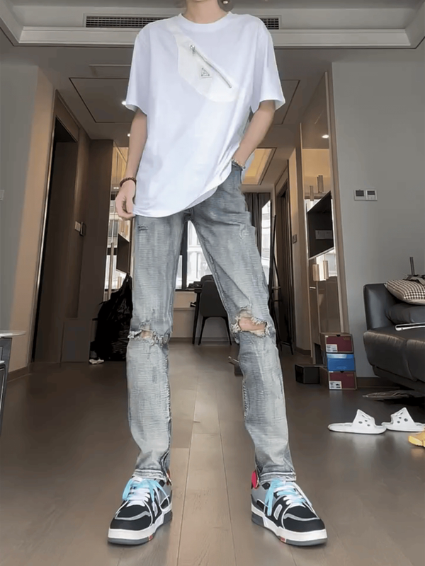 Internet Celebrity's Same Style Summer Knee Hole Washed Jeans for Men and Women Social Loose Casual Versatile Zipper Micro-Elastic Wear