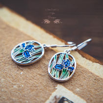 925 silver enamel Iris Tail Flower Ear Hook Handmade to Fired Earrings
