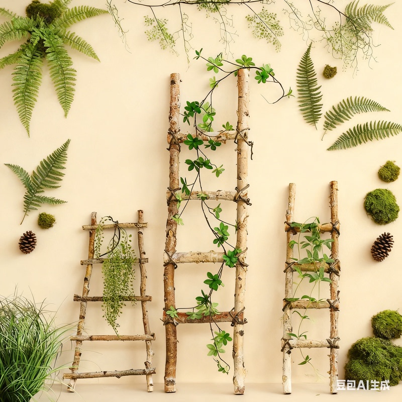 Nordic Decorative Birch Ladder for Kindergarten Natural Corner, Forest-Style Window Display, Garden Autumn Landscaping Ornament