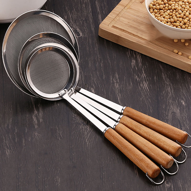 High quality cattle 304 stainless steel wooden handle colander oil filter screen spoon soybean milk filter kitchen frying oil scoop